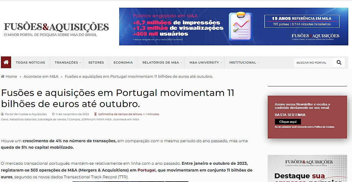 Fuses e aquisies em Portugal movimentam 11 bilhes de euros at outubro.